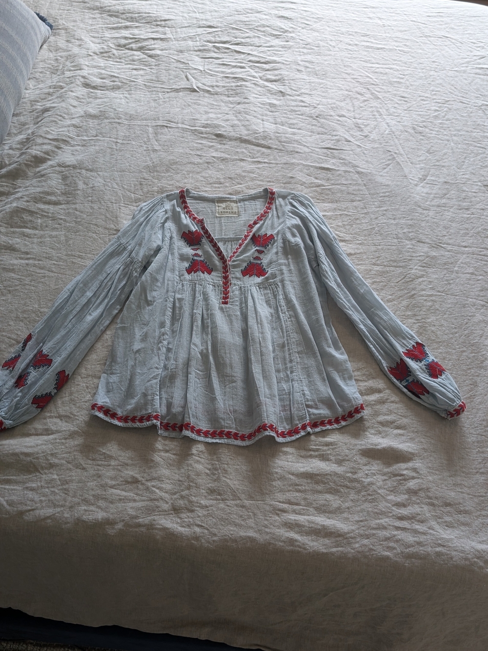 Boheme Light Blue Gauze Top with Red Embroidery